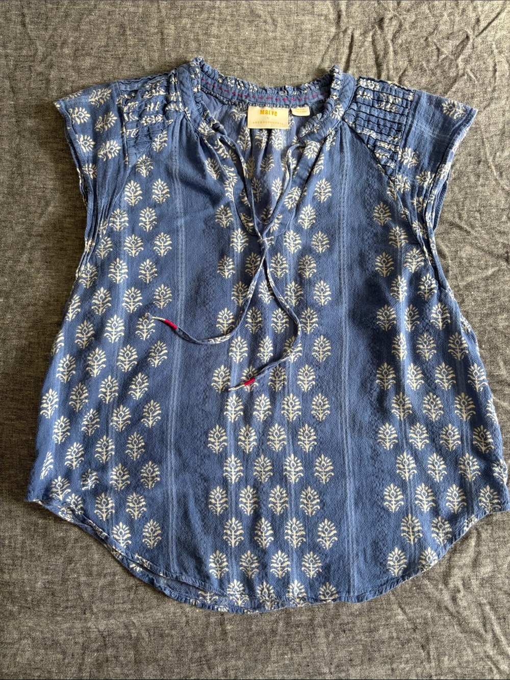 Maeve Indigo Floral-Print Cap Sleeve Peasant Blouse